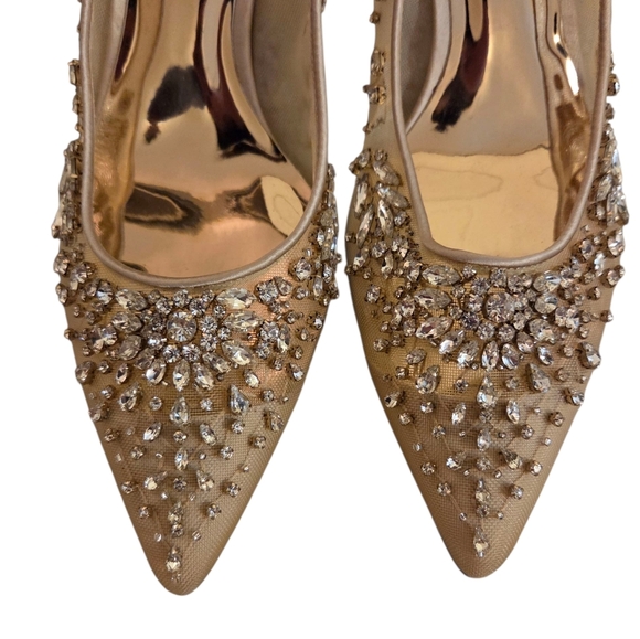 Badgley Mischka Onyx Crystal Studded Embellished Kitten Heel Pump Women 9 Gold - Picture 10 of 11